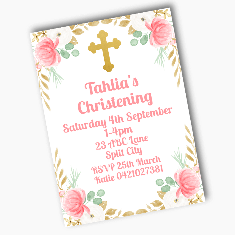 Personalised Floral Cross Christening Party Invites