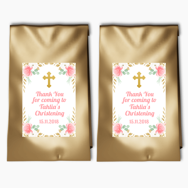 Personalised Floral Cross Christening Party Bags &amp; Labels