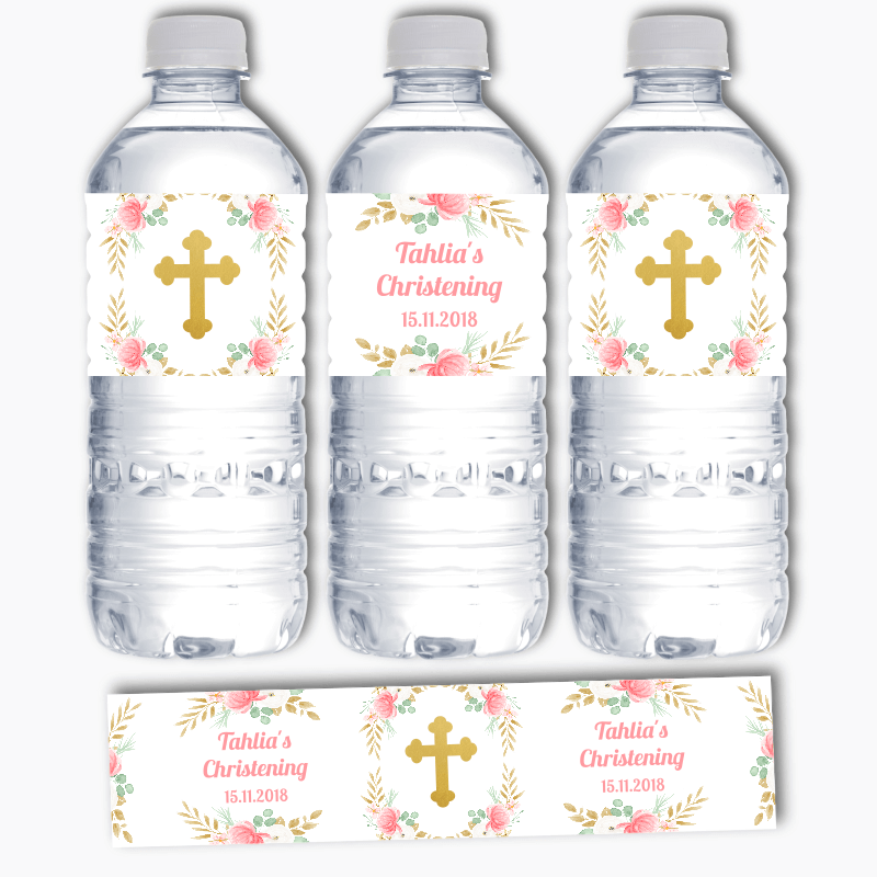 Personalised Floral Cross Christening Water Bottle Labels