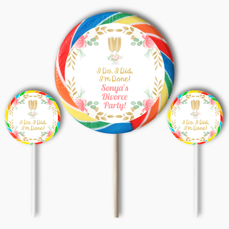 Personalised Floral Divorce Party Round Lollipop Stickers