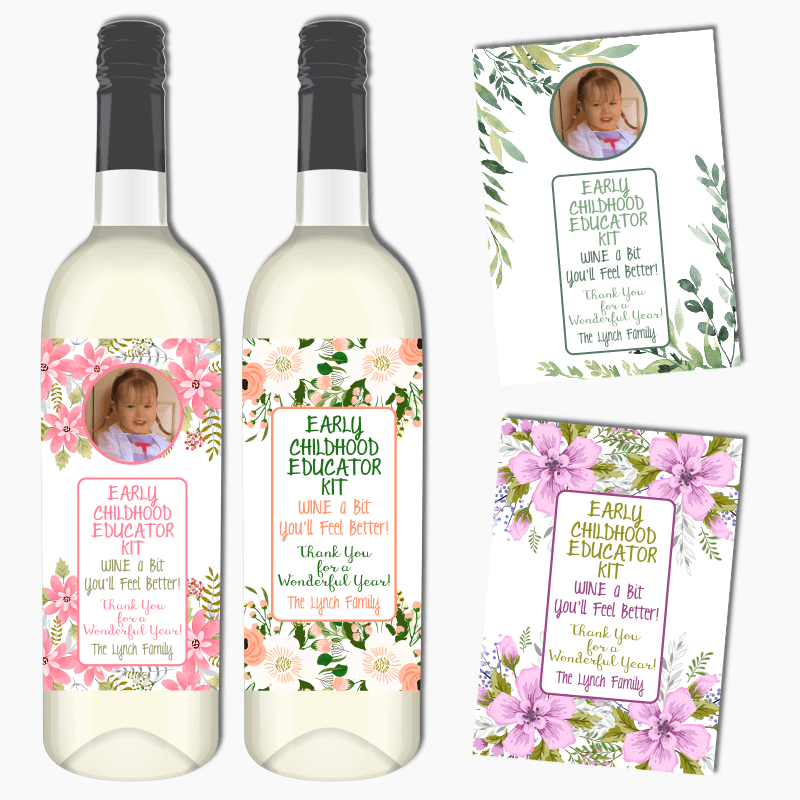 Floral Early Childhood Educator Kit Wine Labels with Photo