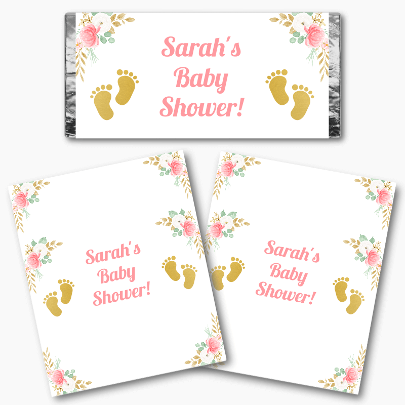 Personalised Floral Footprints Baby Shower Mini Chocolate Wrappers
