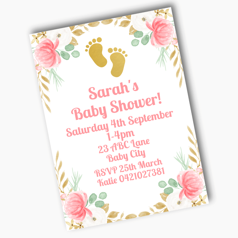 Personalised Floral Footprints Baby Shower Invites