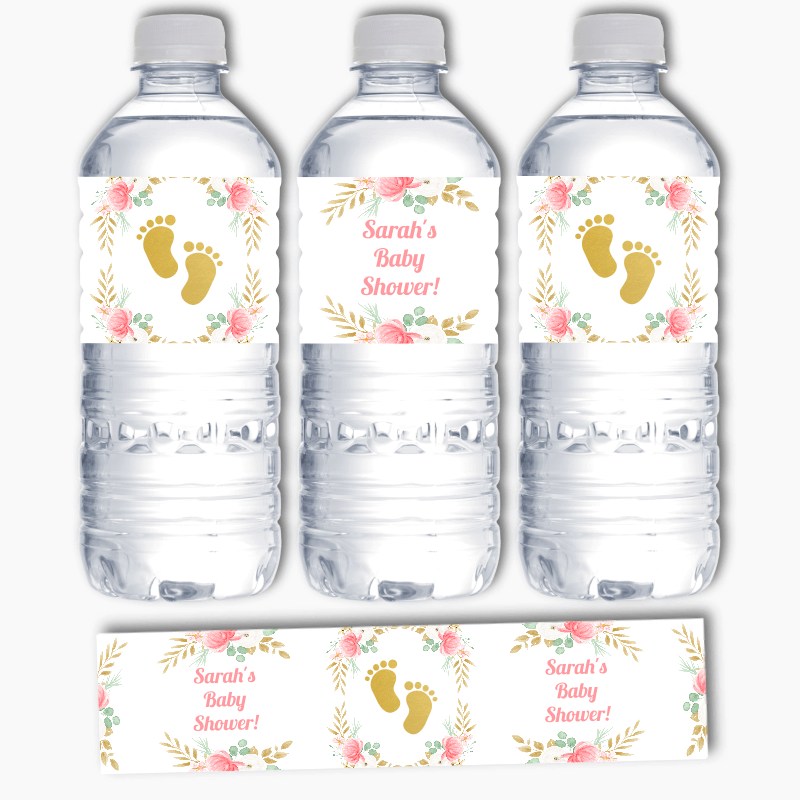 Personalised Floral Footprints Baby Shower Water Bottle Labels