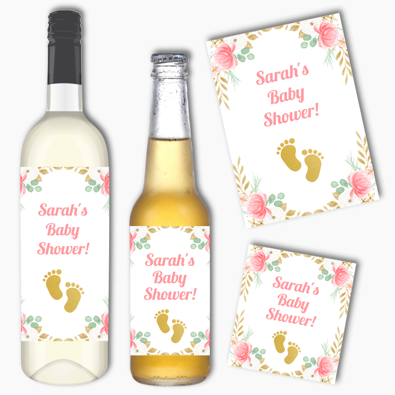 Personalised Floral Footprints Baby Shower Wine &amp; Beer Labels