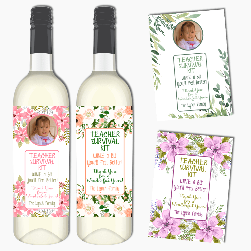 Floral Teacher Survival Kit Wine Labels with Photo