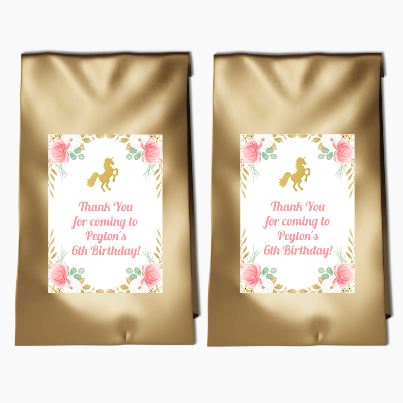Personalised Floral Unicorn Birthday Party Bags &amp; Labels