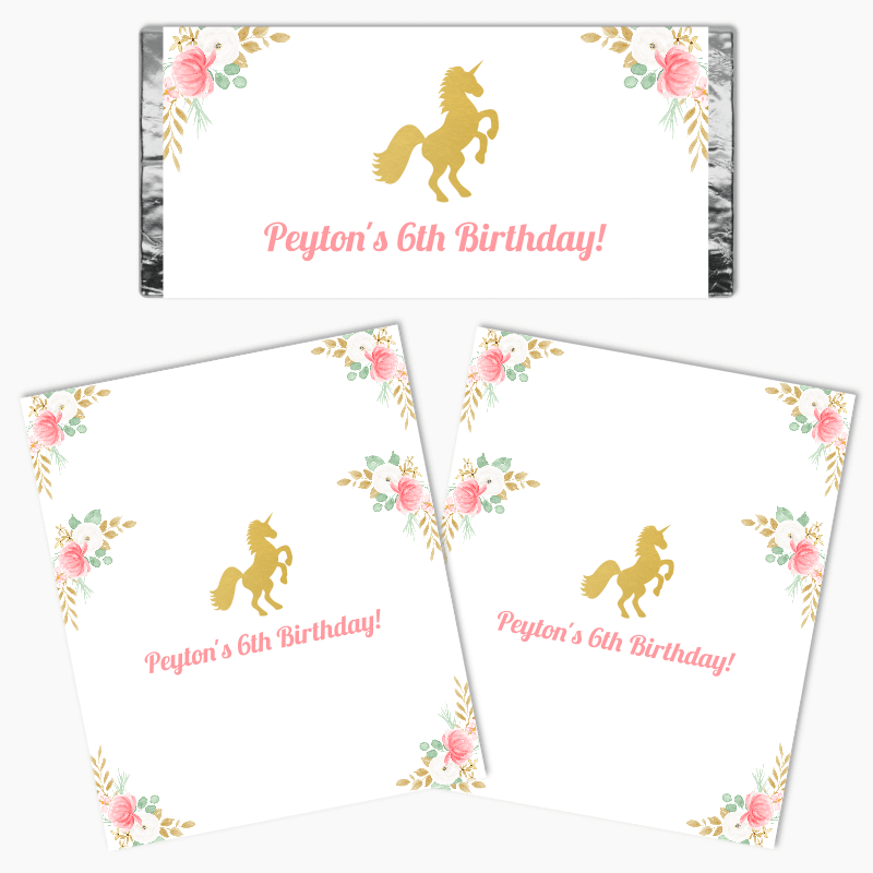 Personalised Floral Unicorn Birthday Party Mini Chocolate Labels