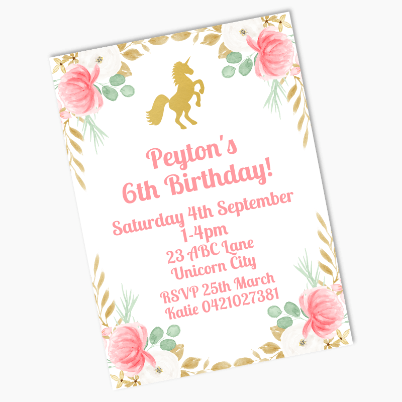 Personalised Floral Unicorn Birthday Party Invites