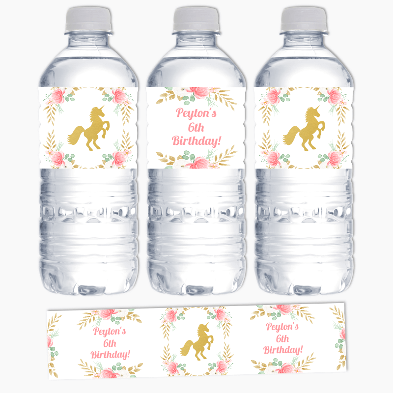 Personalised Floral Unicorn Birthday Party Water Bottle Labels