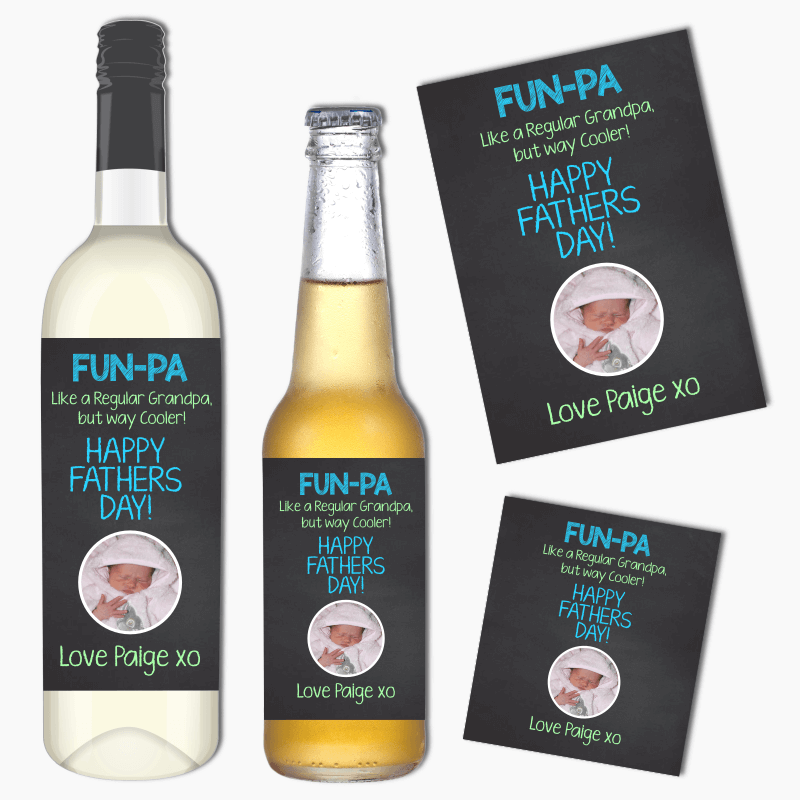 Fun-Pa Fathers Day Gift Wine &amp; Beer Labels with Photo