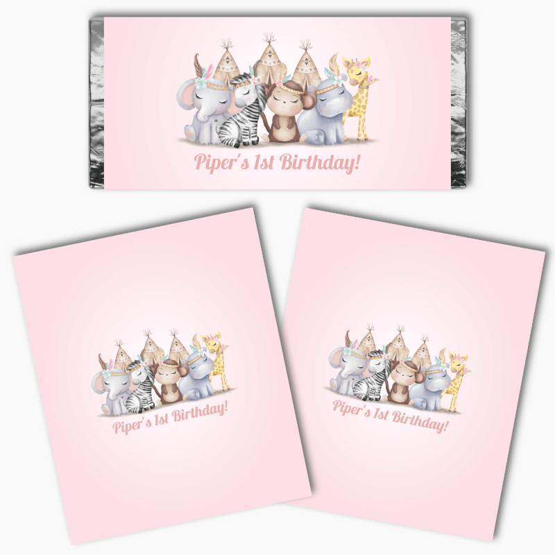 Personalised Girls Boho Jungle Animals Party Mini Chocolate Labels