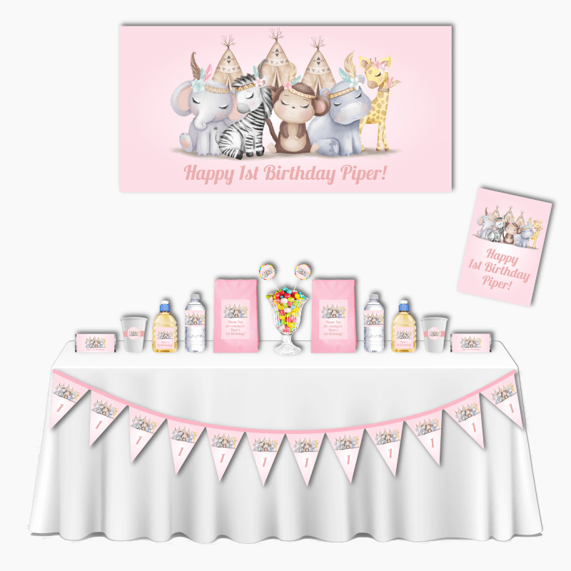 Personalised Girls Boho Jungle Animals Deluxe Birthday Party Decorations Pack