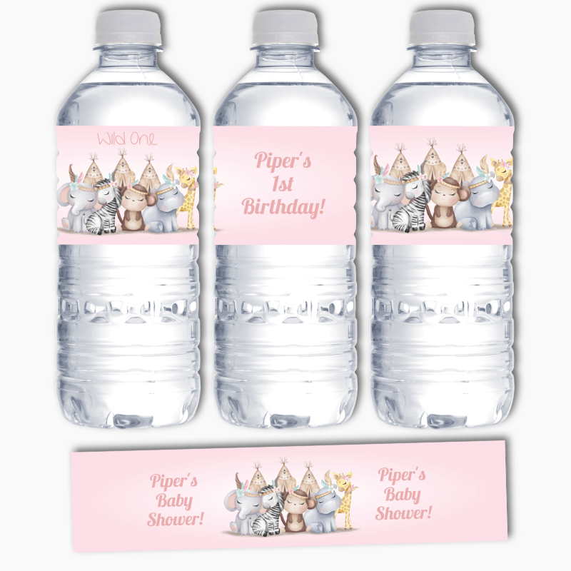 Personalised Girls Boho Jungle Animals Party Water Bottle Labels