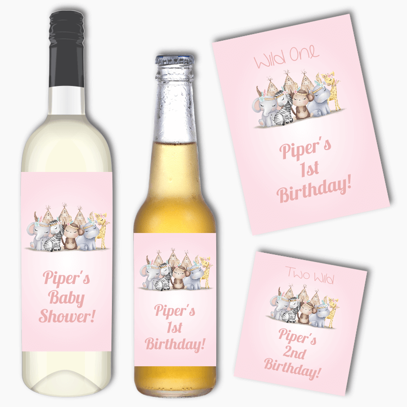 Personalised Girls Boho Jungle Animals Wine & Beer Labels