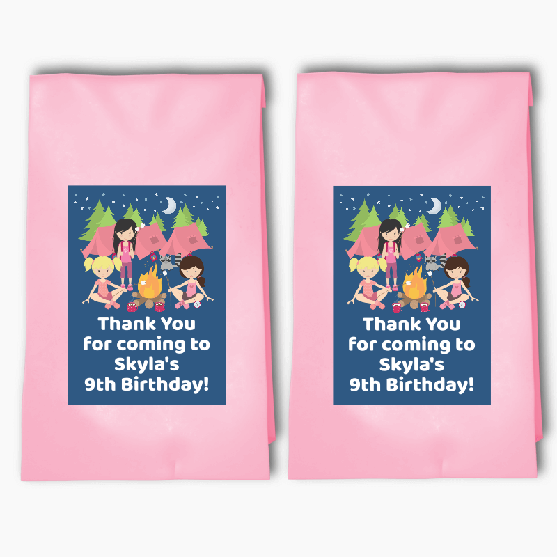 Personalised Girls Camp Out Birthday Party Bags &amp; Labels
