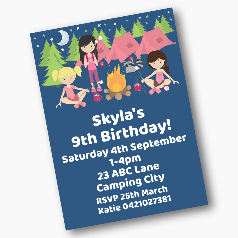 Personalised Girls Camp Out Birthday Party Invites