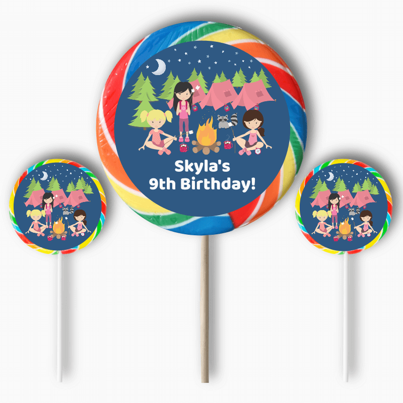 Personalised Girls Camp Out Birthday Party Round Stickers