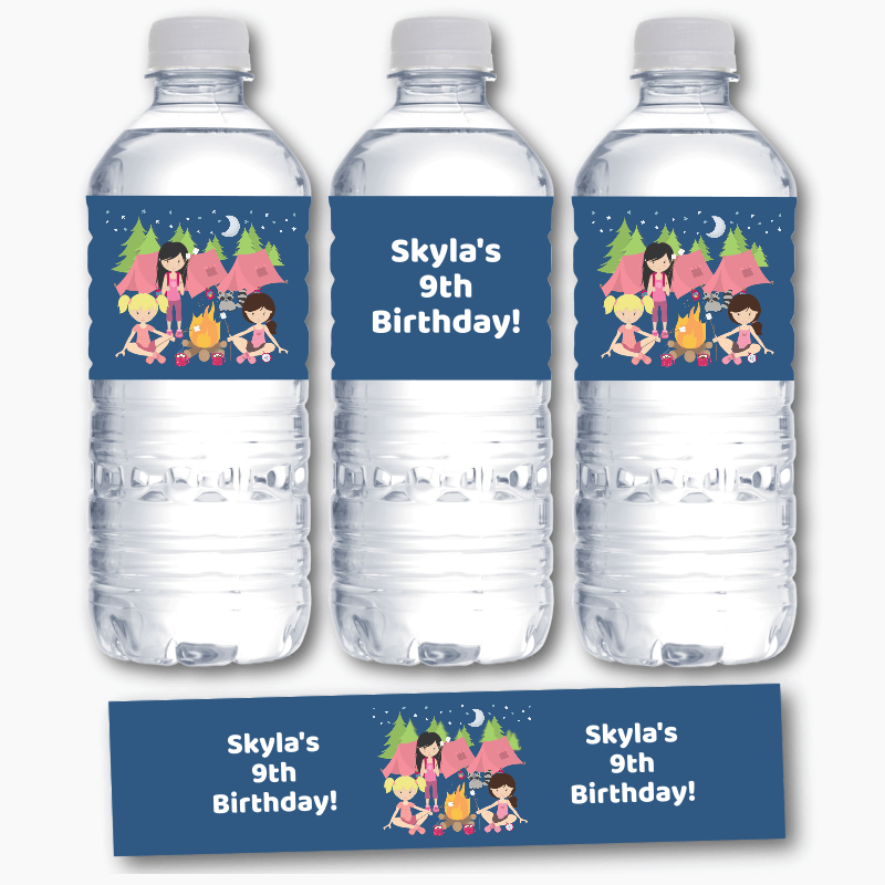Personalised Girls Camp Out Birthday Party Water Bottle Labels