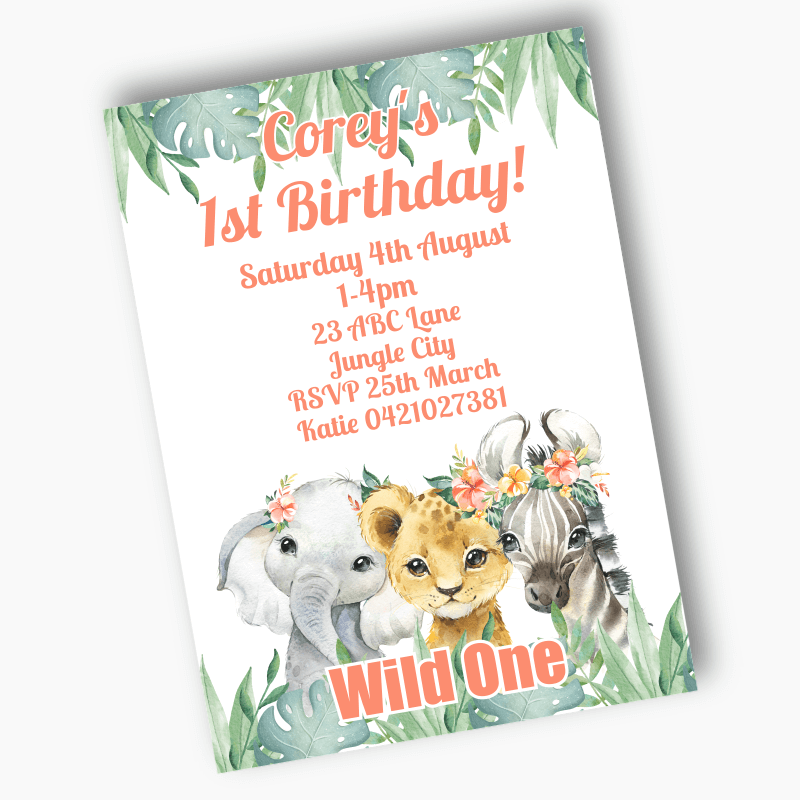 Girls Floral Personalised African Animals Wild One Party Invites