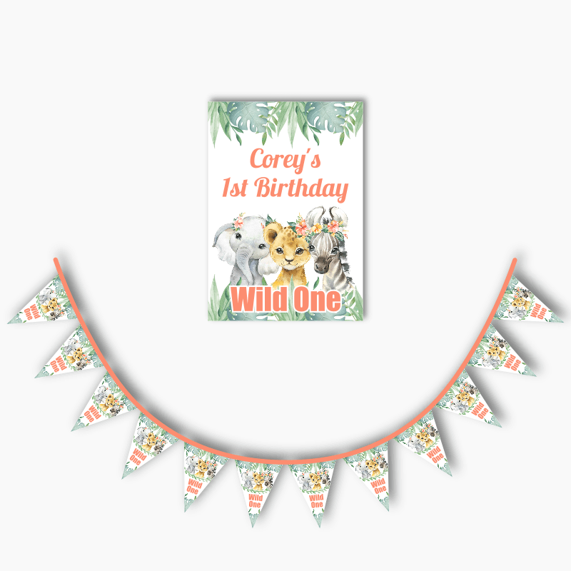 Girls Floral African Animals Party Poster &amp; Bunting Combo