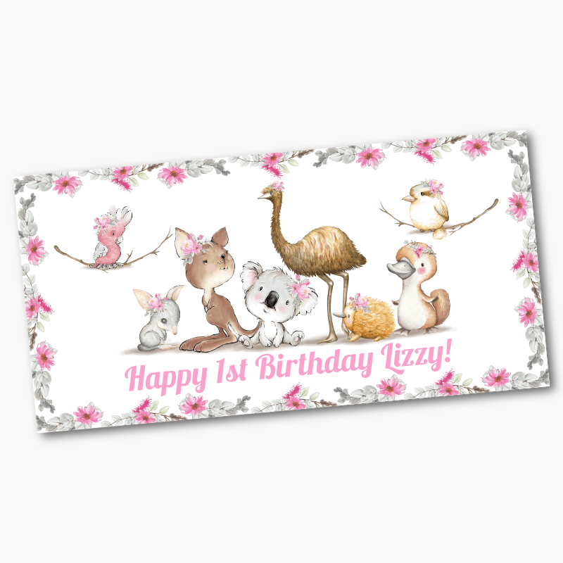 Personalised Girls Floral Australian Animals Birthday Party Banners