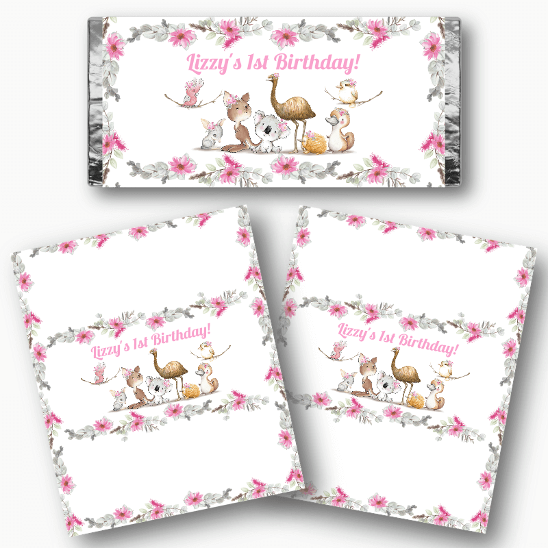 Personalised Girls Floral Australian Animals Party Mini Chocolate Labels