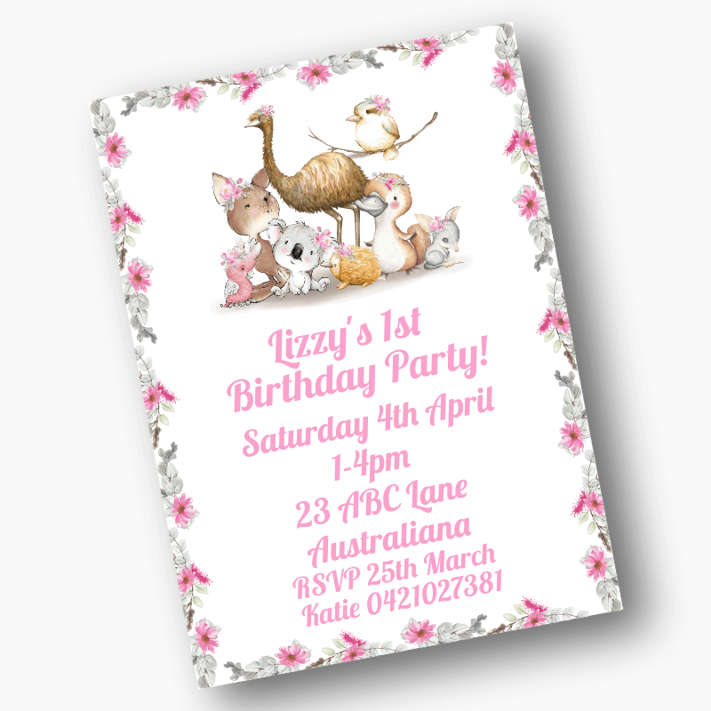 Personalised Girls Floral Australian Animals Birthday Party Invites