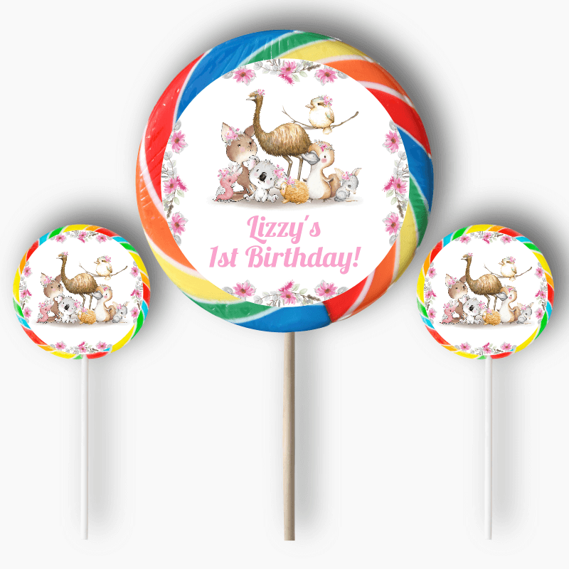Personalised Girls Floral Australian Animals Birthday Party Round Stickers