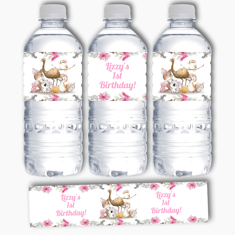 Personalised Girls Floral Australian Animals Birthday Party Water Labels