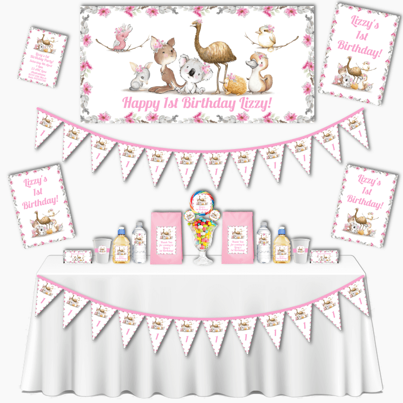 Personalised Girls Floral Australian Animals Grand Birthday Party Decorations Pack