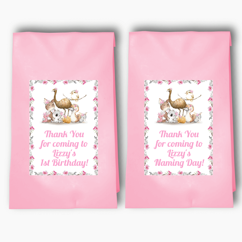 Personalised Girls Floral Australian Animals Party Bags &amp; Labels