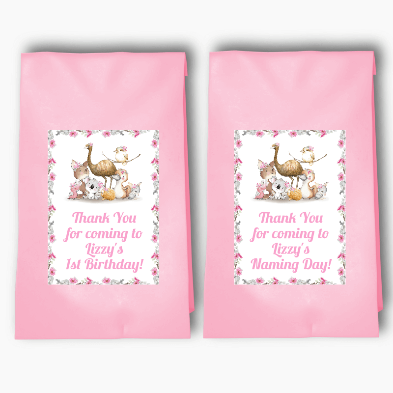 Personalised Girls Floral Australian Animals Party Bags & Labels