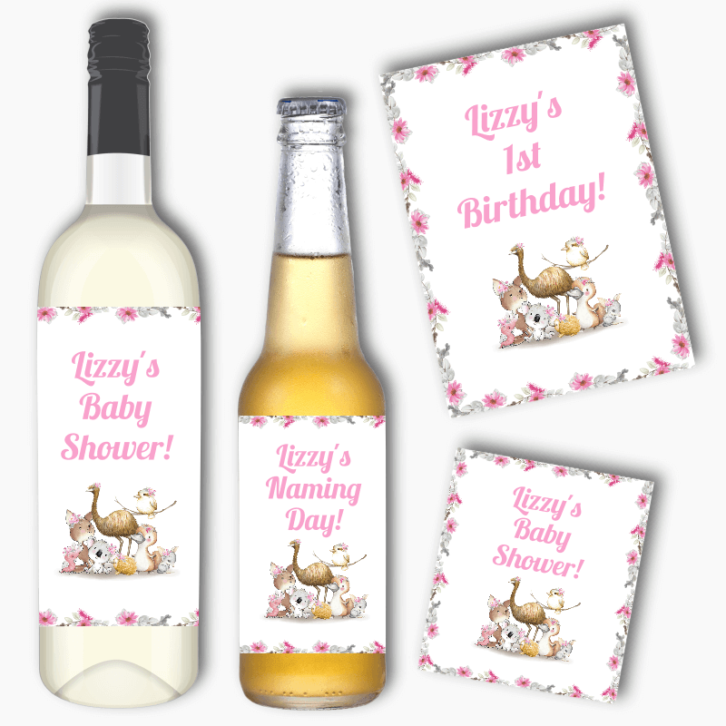 Personalised Girls Floral Australian Animals Wine & Beer Labels