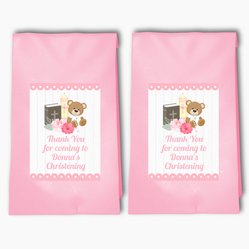 Personalised Girls Teddy Bear Christening Party Bags &amp; Labels