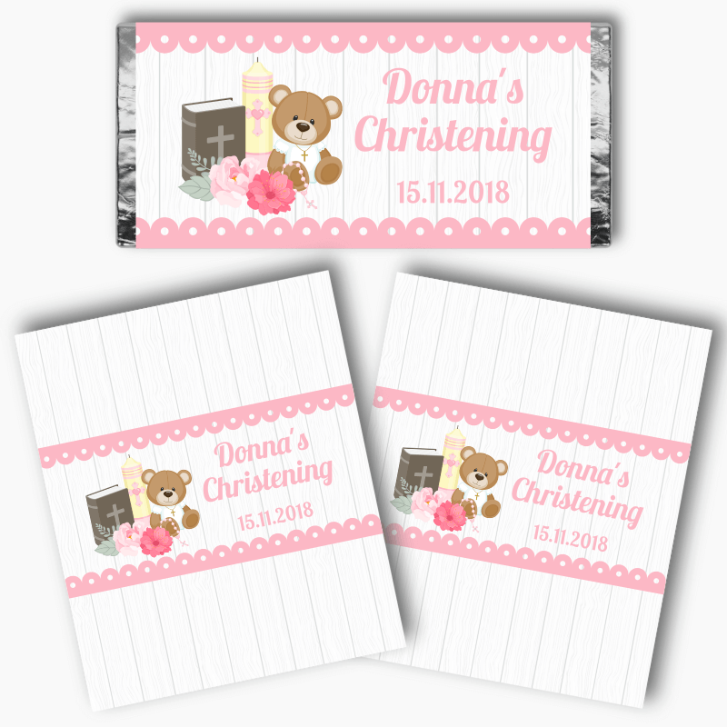 Personalised Girls Teddy Bear Christening Mini Chocolate Labels