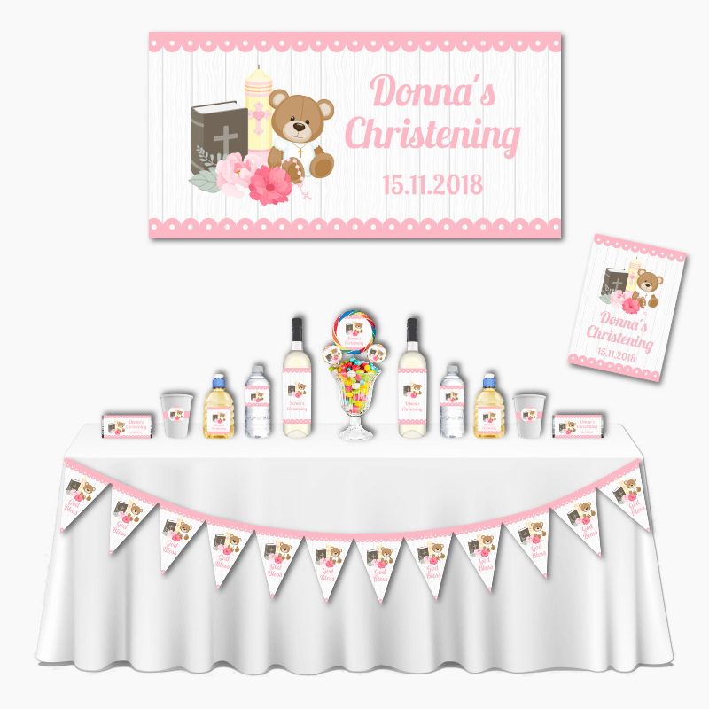 Personalised Girls Teddy Bear Deluxe Christening Decorations Pack