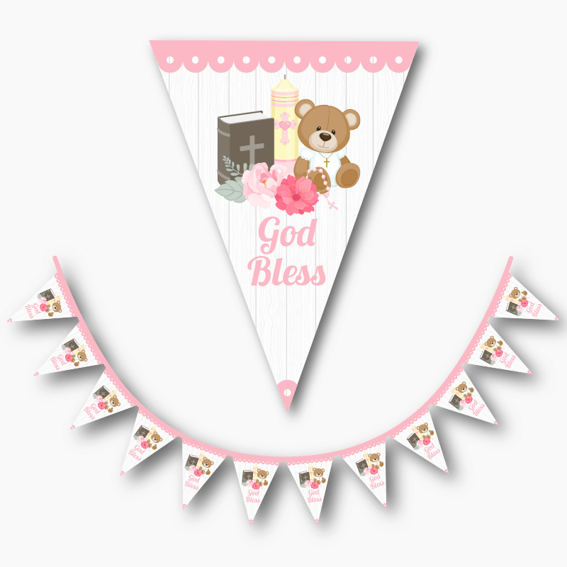 Personalised Girls Teddy Bear Christening Flag Bunting - God Bless