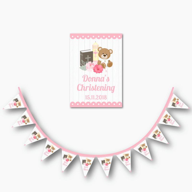 Personalised Girls Teddy Bear Christening Poster &amp; Flag Bunting Combo