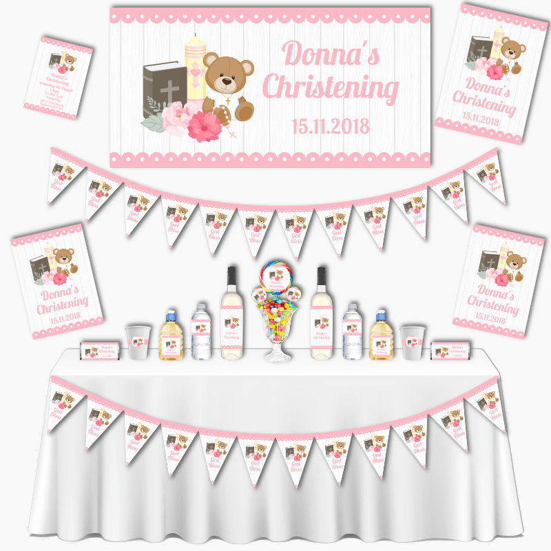 Personalised Girls Teddy Bear Grand Christening Decorations Pack