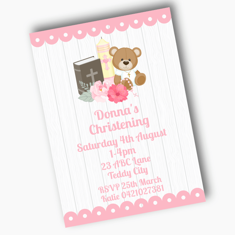 Personalised Girls Teddy Bear Christening Party Invites
