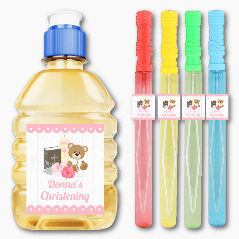 Personalised Girls Teddy Bear Christening Rectangle Stickers