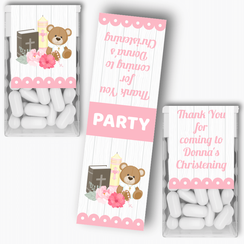 Personalised Girls Teddy Bear Christening Tic Tac Labels