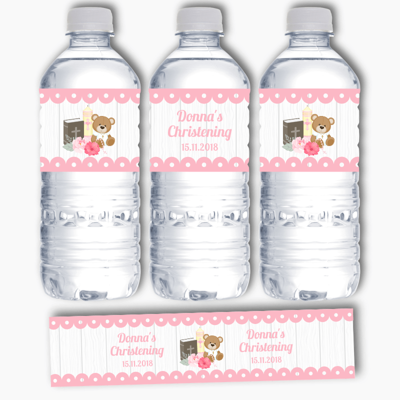 Personalised Girls Teddy Bear Christening Water Bottle Labels