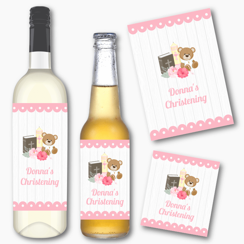 Personalised Girls Teddy Bear Christening Wine & Beer Labels