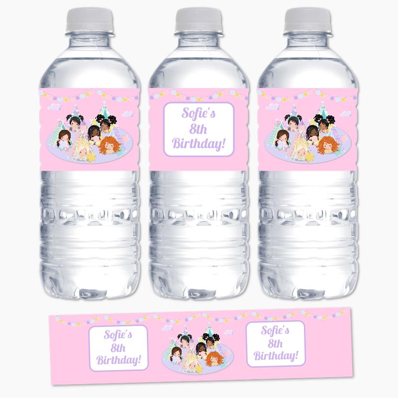 Personalised Girls Slumber Birthday Party Water Bottle Labels