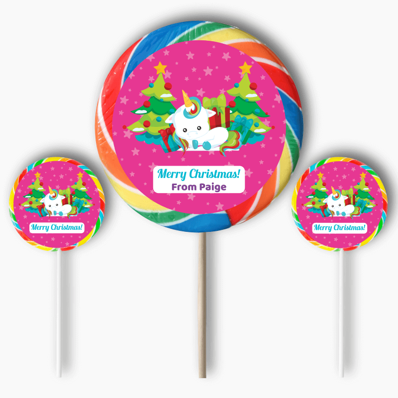 Personalised Unicorn Christmas Gift Round Lollipop Stickers
