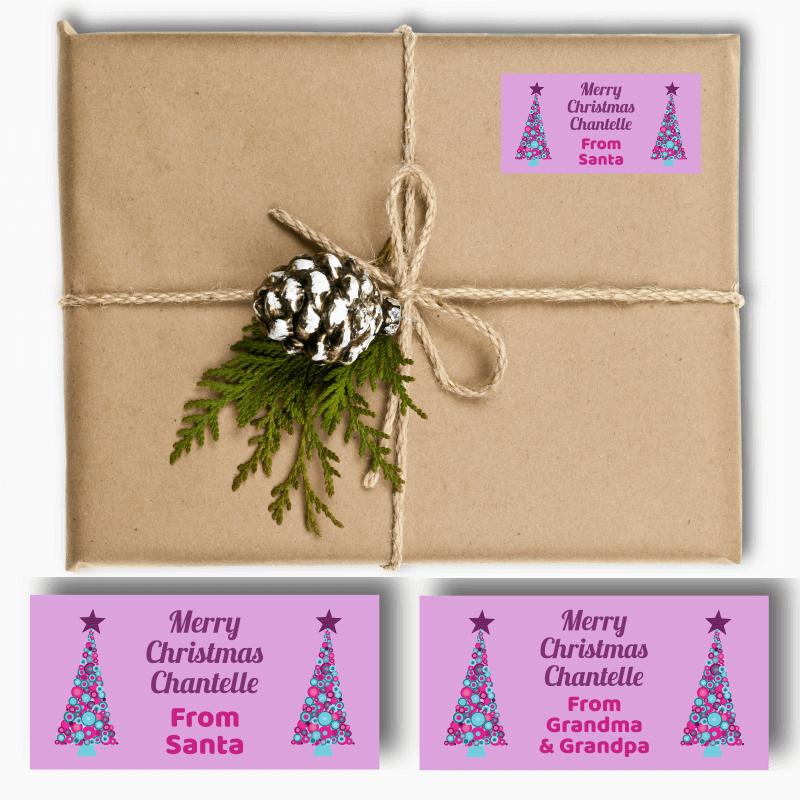 Personalised Girls Xmas Tree Christmas Gift Tag Labels