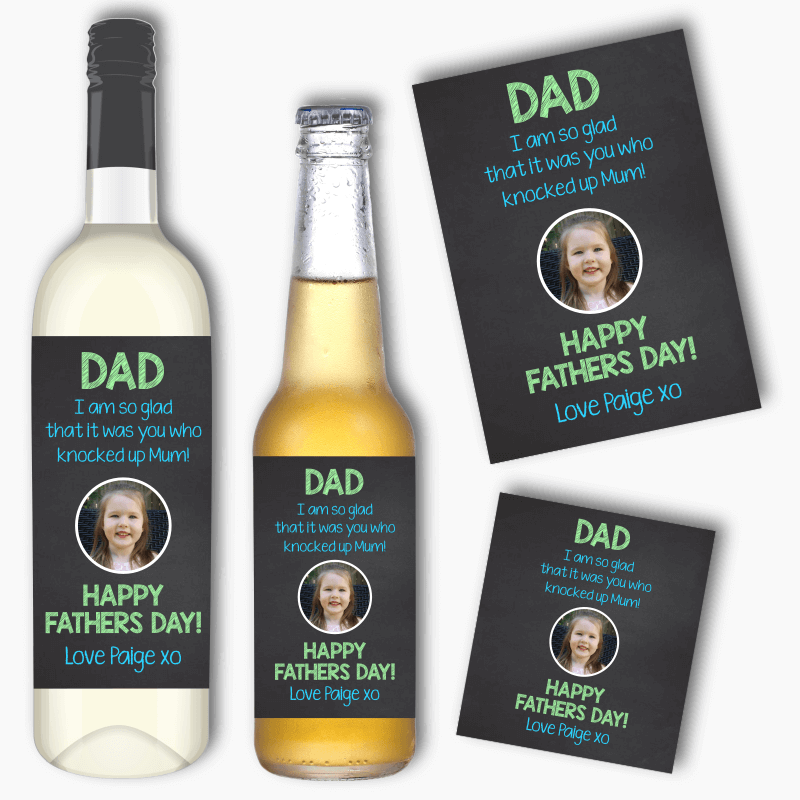 Glad You Knocked Up Mum Fathers Day Gift Wine &amp; Beer Labels with Photo
