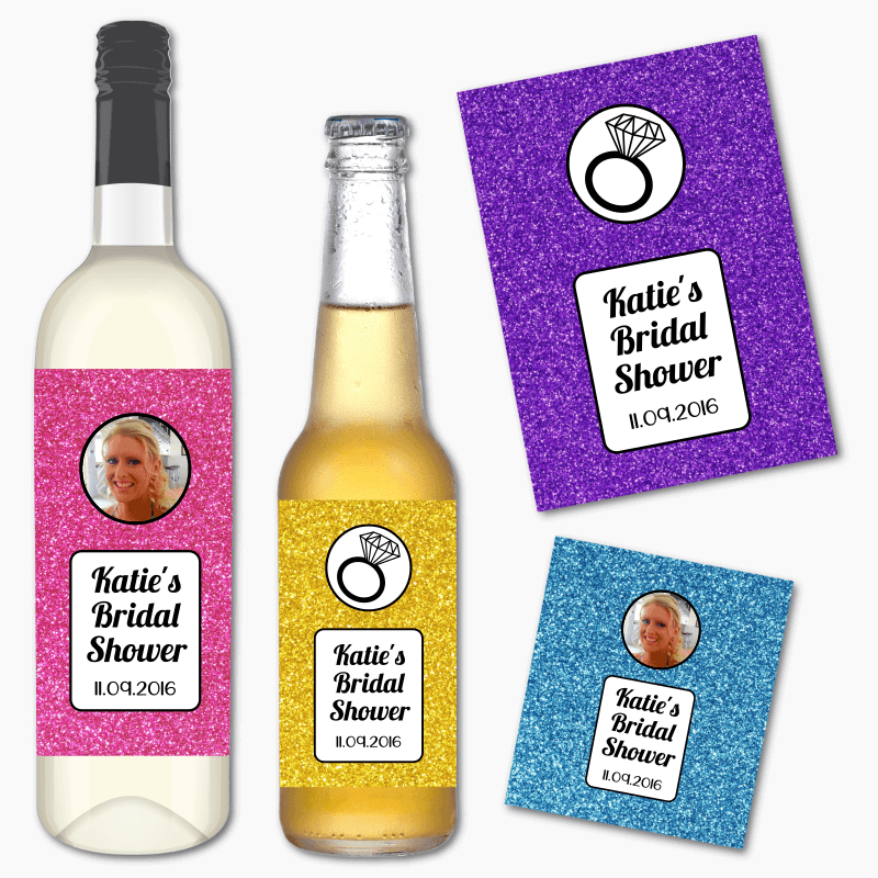 Personalised Glitter Print Bridal Shower Wine &amp; Beer Labels